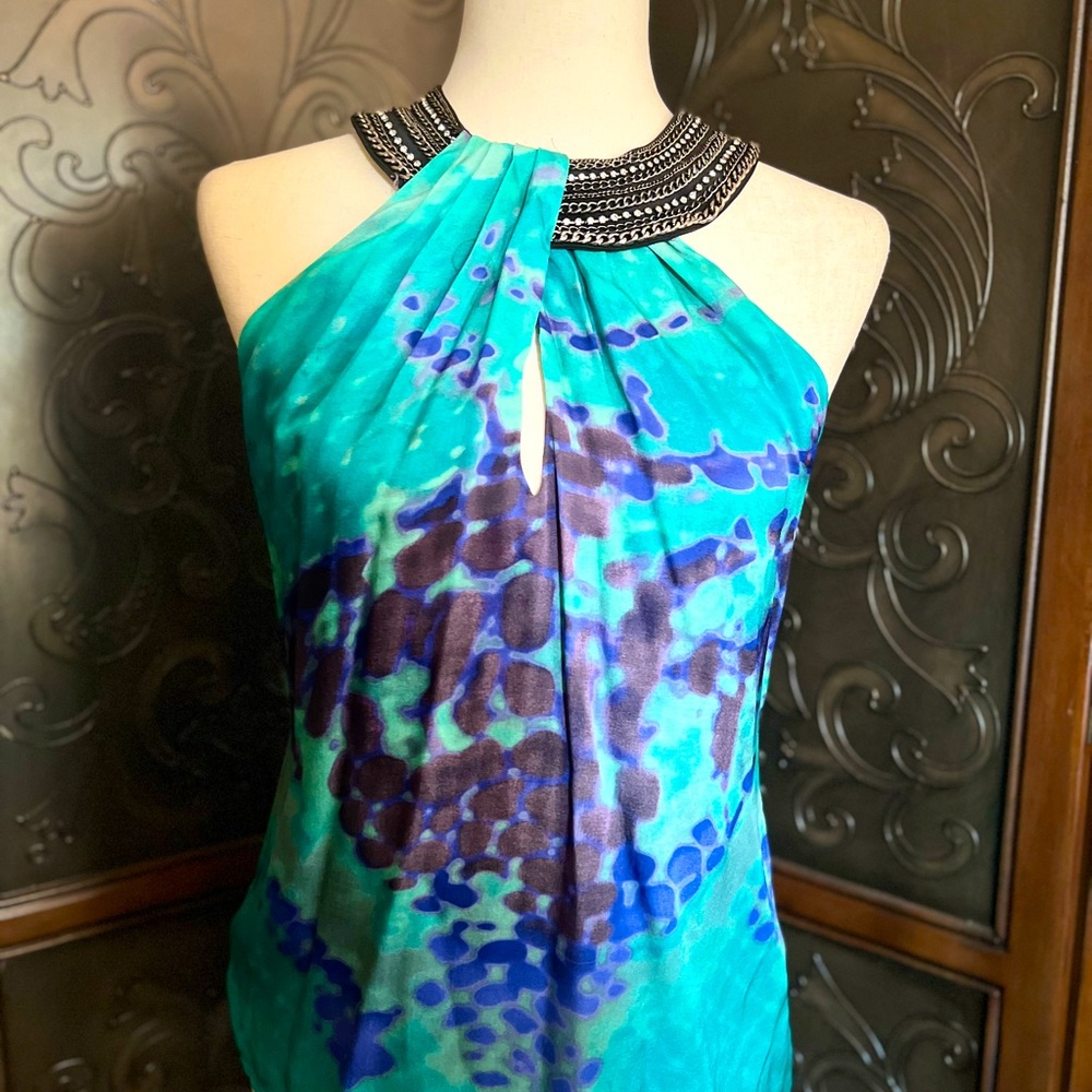 Bebe Sea Green Sleeveless Button Blouse Sz S Beaded